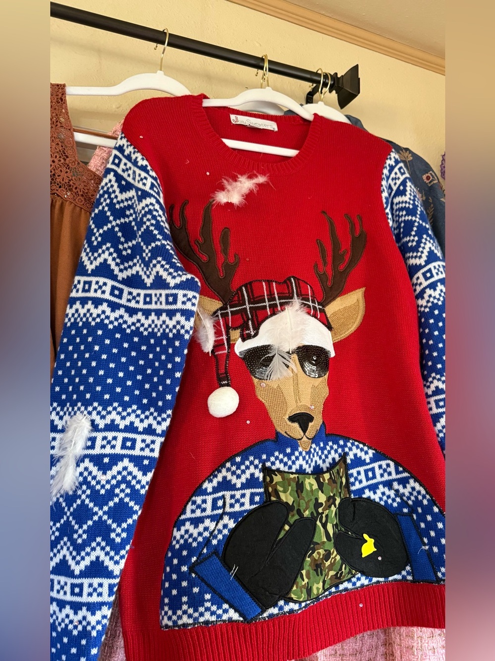 “Ugly” Christmas Sweater; Reindeer Novelty Sweater with Blue Fair Isle Sleeves
